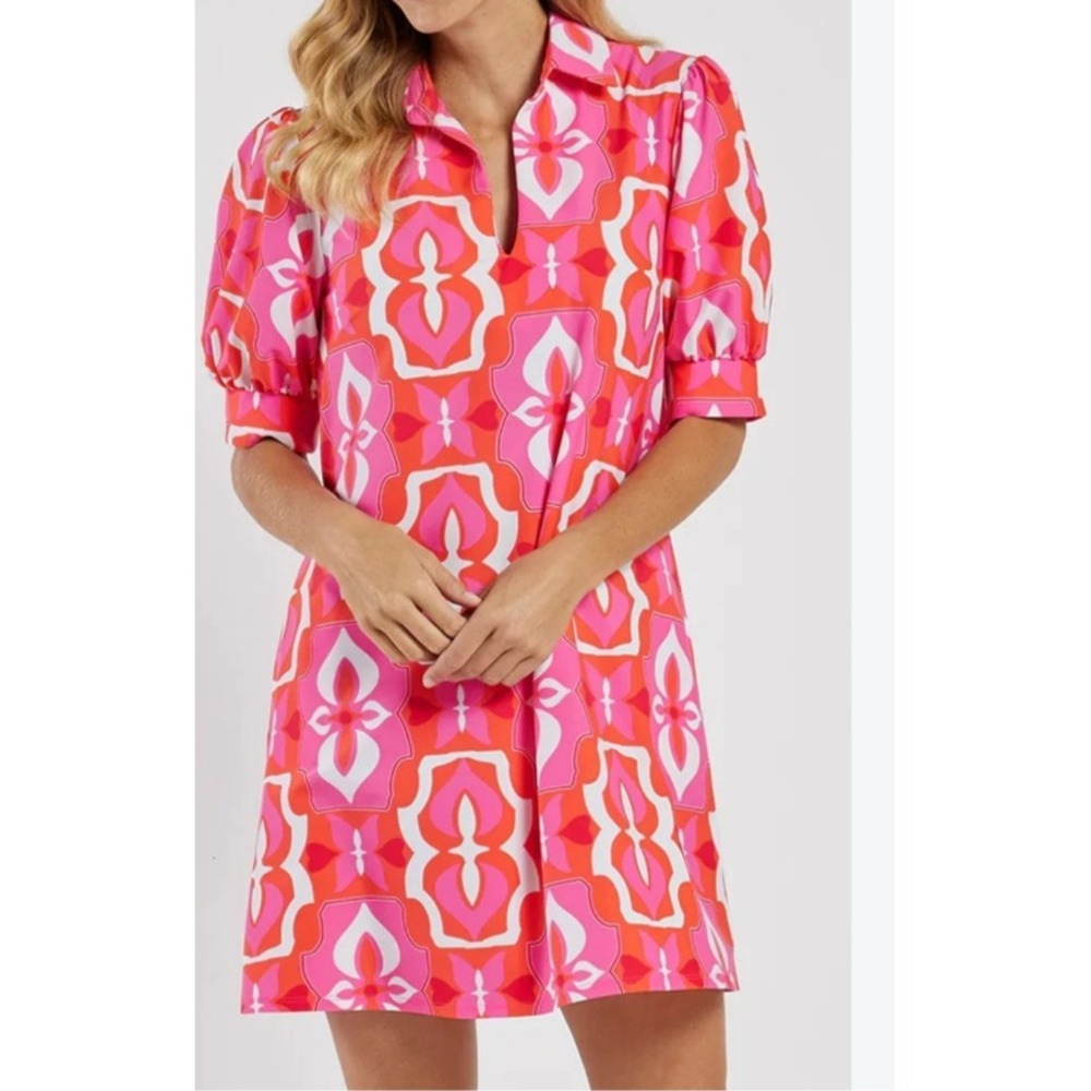 Retro Mod Tunic Print Shift Dress Hawaiian Size Lg Short Sleeve Pink Coral Geo